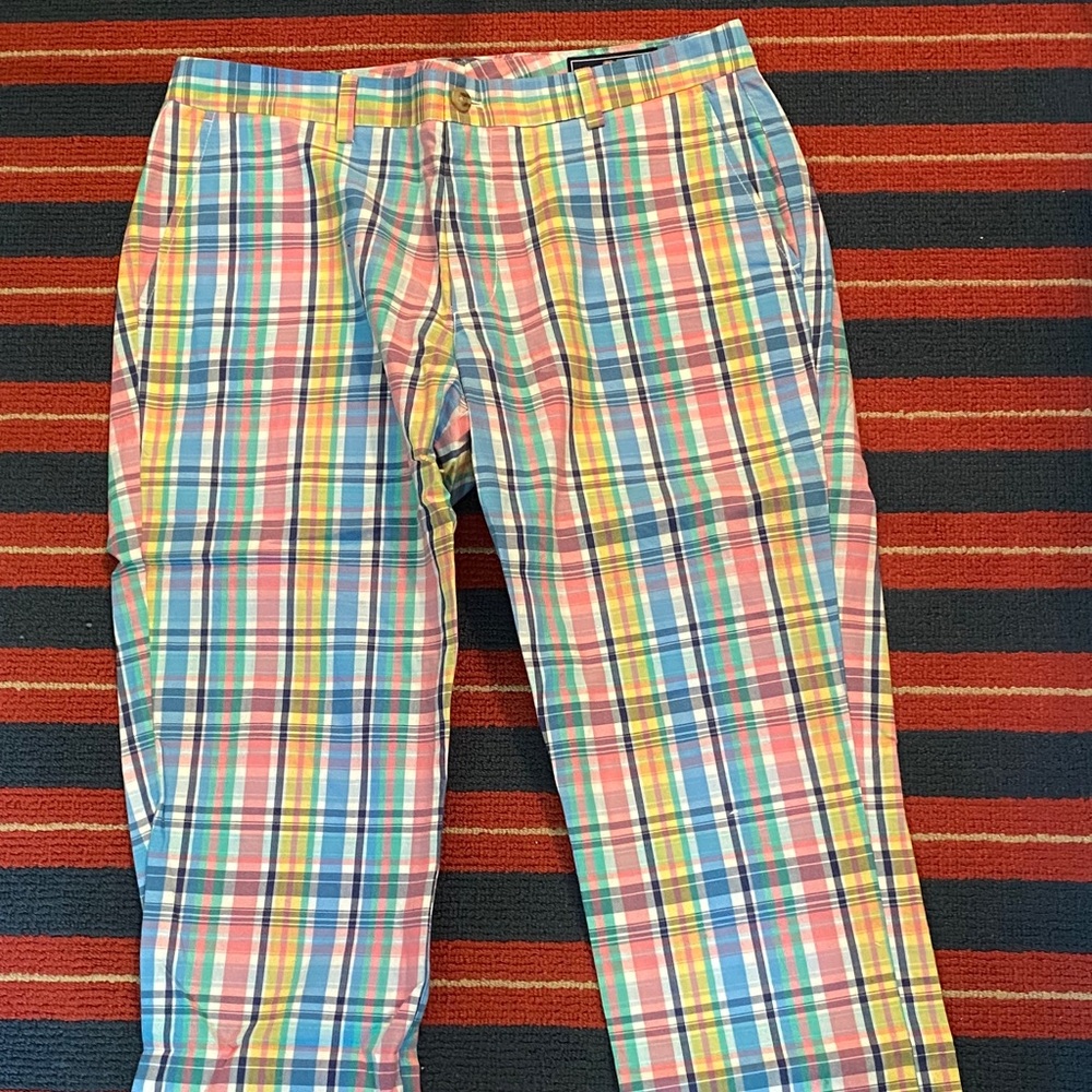 Vineyard Vines rainbow plaid patterned pants.